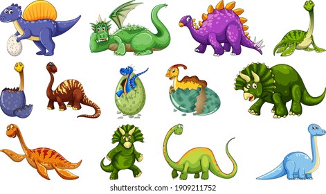 Set of different dinosaur cartoon character isolated on white background illustration