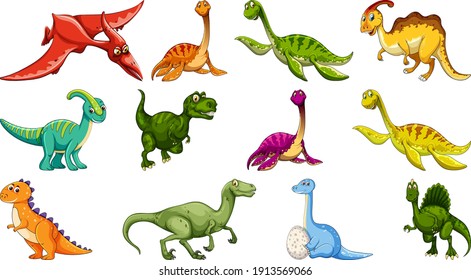 Set of different dinosaur cartoon character isolated on white background illustration