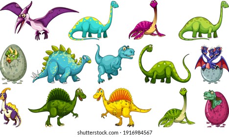 Set of different dinosaur cartoon character isolated on white background illustration