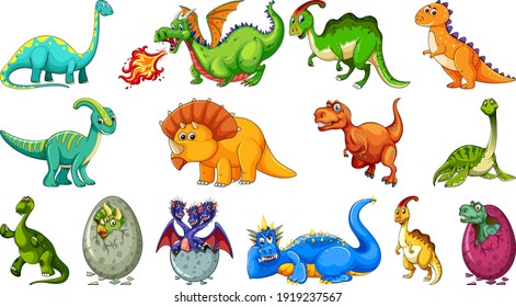 Set of different dinosaur cartoon character isolated on white background illustration