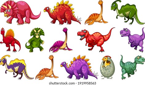 Set of different dinosaur cartoon character isolated on white background illustration