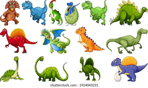 Set of different dinosaur cartoon character isolated on white background illustration