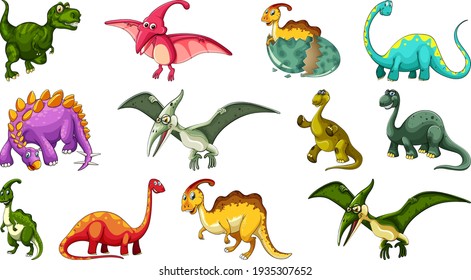 Set of different dinosaur cartoon character isolated on white background illustration