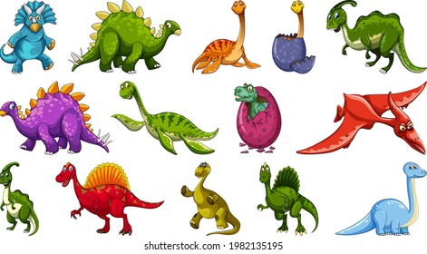 Set of different dinosaur cartoon character isolated on white background illustration