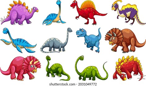 Set of different dinosaur cartoon character isolated on white background illustration