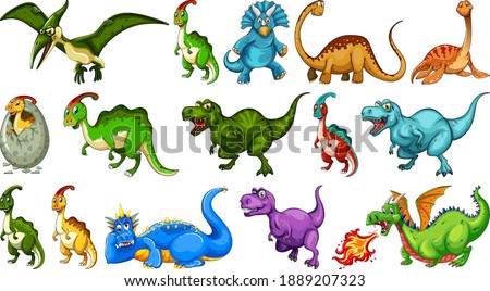 Set of different dinosaur cartoon character isolated on white background illustration