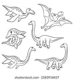 Set of different dinosaur outline doodle silhouettes. Isolated flat vector template for laser cut, coloring drawing books