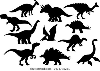 Set of different dinosaur silhouettes. Isolated flat vector illustrations	