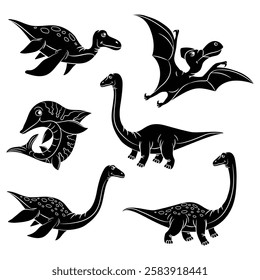 Set of different dinosaur silhouettes. Isolated flat vector template for laser cut illustrations