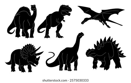 Set of different dinosaurs black silhouettes. Monochrome vector illustrations isolated on white background