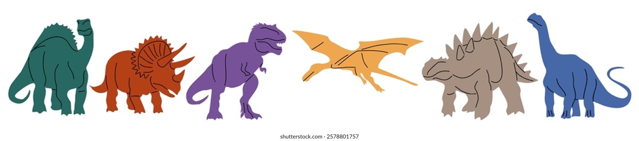 Set of different dinosaurs multicolored silhouettes. Colorful vector illustrations isolated on white background