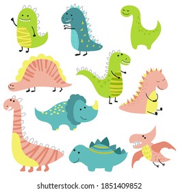 Set of different dinosaurs on white background. Vector illustration.