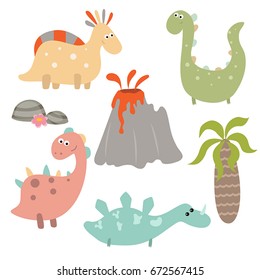 Set of different dinosaurs on white background. Vector illustration with prehistoric wildlife.