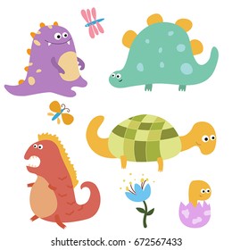 Set of different dinosaurs on white background. Vector illustration with prehistoric wildlife.