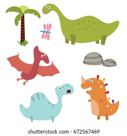 Set of different dinosaurs on white background. Vector illustration with prehistoric wildlife.