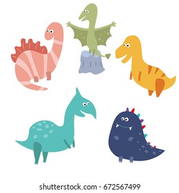 Set of different dinosaurs on white background. Vector illustration with prehistoric wildlife.