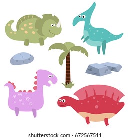 Set of different dinosaurs on white background. Vector illustration with prehistoric wildlife.
