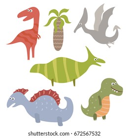 Set of different dinosaurs on white background. Vector illustration with prehistoric wildlife.