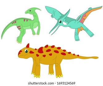 Set of different dinosaurs. Parasaurolophus, pterodactylus and talarurus in funny cartoon style.