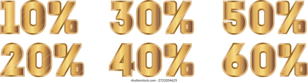Conjunto de diferentes porcentajes de descuento con una textura dorada distintiva, para Materiales promocionales, para descuentos de temporada u otros diseños sobre la temática de las promociones