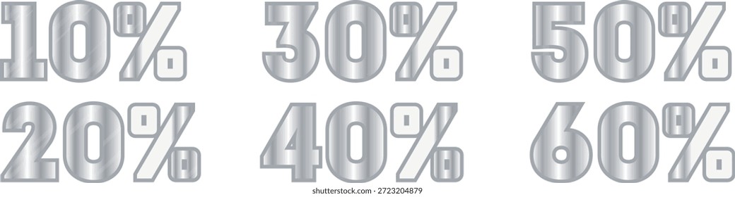 Conjunto de diferentes porcentajes de descuento con una textura plateada distintiva, para Materiales promocionales, para descuentos de temporada u otros diseños sobre la temática de las promociones