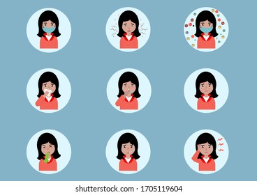 Conjunto de diferentes enfermedades vectoriales.Mujer joven con diferentes tipos de dolores y enfermedades Mujer enferma, estilo delgado, Salud vectorial y diferentes conceptos de enfermedad.