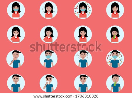 Set of different diseases vector icon.Young woman and man with different types of pains and diseases Sick woman,thin line style,headache, patient,sickness.Vector health and different ill concept.