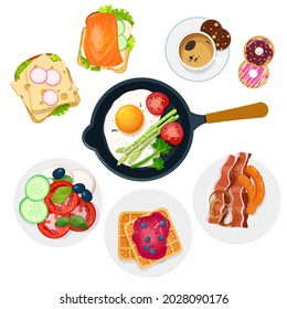 El desayuno, el brunch o el almuerzo se componen de diferentes platos. Desayuno dulce y salado con huevos fritos, verduras, café, bollería dulce y bocadillos. Ilustración del vector  