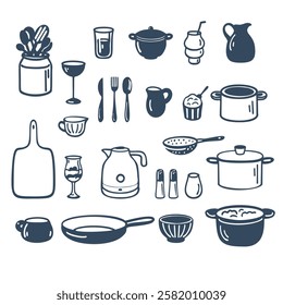 A set of different dishes for cooking. Black and white vector illustration.