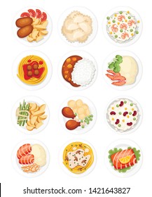 Set of different dishes on the plates. Traditional food from around the world. Icons for menu logos and labels. Flat vector illustration isolated on white background