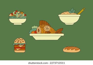 Set of different dishes. Vector color illustration cartoon style.