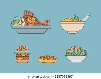 Set of different dishes. Vector color illustration cartoon style.