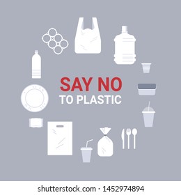 set different disposable objects made of plastic icons sign around circle collection pollution recycling ecology problem save the earth concept flat vector illustration
