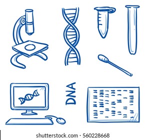 Set of different DNA testing icons, for medical info graphics. Hand drawn line art cartoon vector illustration.