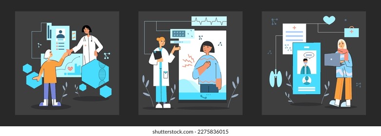 Set of different doctors giving online consultations to patients. Providing modern healthcare services via Internet. Professional online medicine. Vector