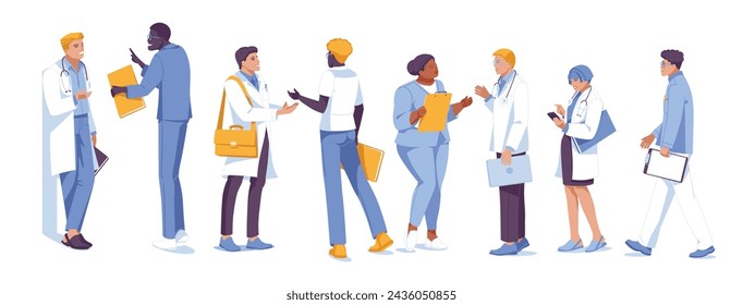 Conjunto de diferentes doctores. Aislado sobre fondo blanco. Ilustración plana del vector