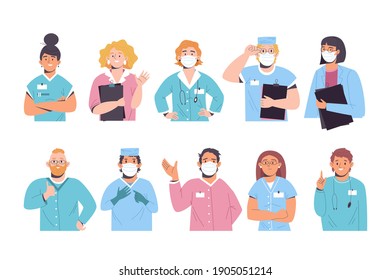 Set of different doctors, nurses and paramedics. Portraits of woman  and men medic workers in uniform with stethoscopes, masks and gloves. Medic character. Vector illustration.