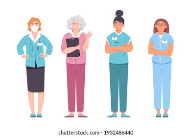 Set of different doctors, nurses and paramedics. Portraits of woman medic workers in uniform with stethoscopes, masks. Medic female character. Vector illustration.