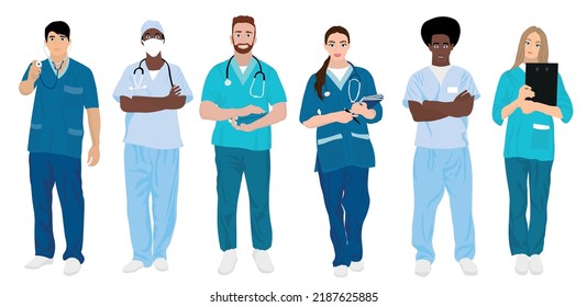 Set of different doctors on white background