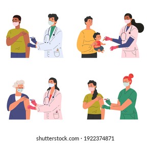 Set of different doctors and patients who came for vaccination. Concept illustration for immunity health. Adults and children at the doctors office. Flat illustration isolated on white background. 