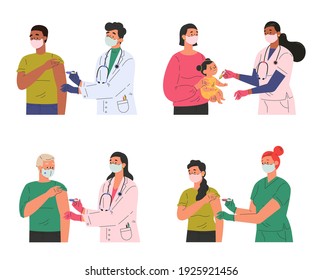 Set of different doctors and patients who came for vaccination. Concept illustration for immunity health. Adults and children at the doctors office. Flat illustration isolated on white background. 