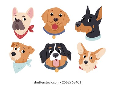 Set of different dog breeds. Bulldog, Bernese Mountain Dog, Rottweiler, Doberman, Corgi, Golden Retriever, Labrador.