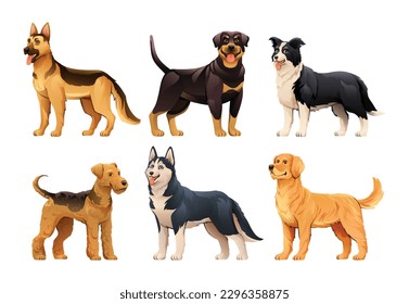 Conjunto de diferentes razas de perros al estilo de las caricaturas. Pastor alemán, Rottweiler, Border Collie, Airedale Terrier, Siberian Husky, Golden Retriever ilustración vectorial