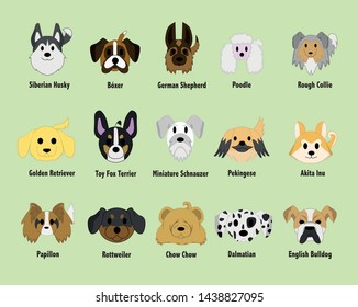 Set of different Dog Breeds, Head Set Cute, Front View- Vector