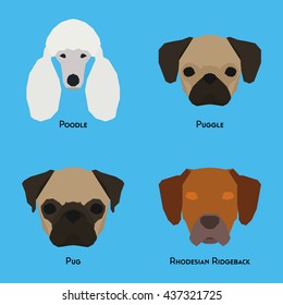 Set of different dog breeds on a blue background