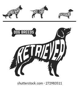 Set of different dog breeds silhouettes isolated black on white background. Vector illustration