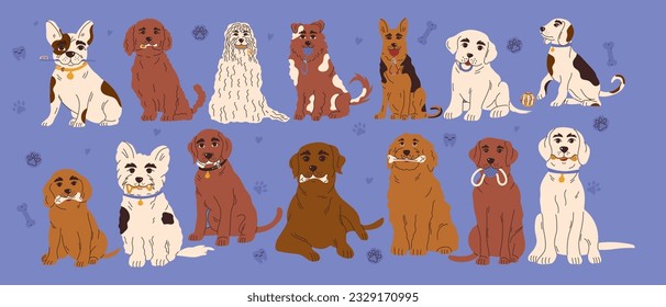 Set of different dog breeds with toys for brushing or massaging teeth. Dog dental health. Canine dental care and hygiene concept. Vector illustration