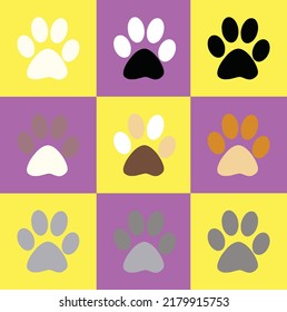 Set of different dog or cat's paws. Cute cartoon characters. Hand drawn flat vector illustration isolated on purple and yellow background.