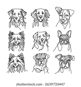 Set of different dog drawn in a continuous one line style. Minimalistic vector art of pets. For animal-themed designs, prints, or home decor.