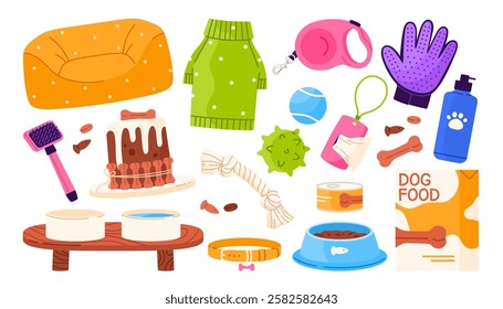 Set of different dog equipment, accessories. Pet shop goods for care, feeding, grooming and leisure. Flat vector illustration in cartoon style. Isolated white background